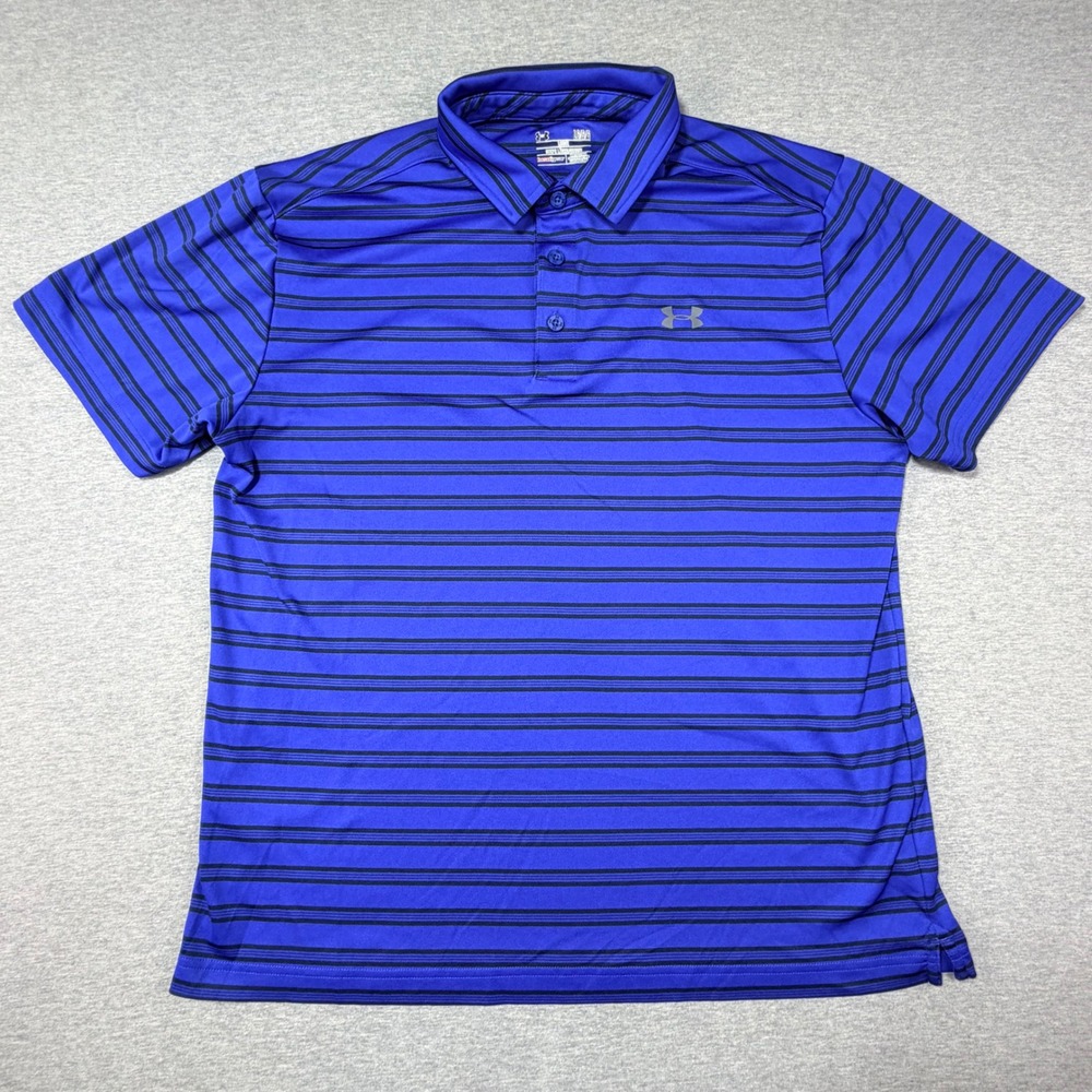 Under Armour HeatGear Polo Shirt Mens Large Blue Black Striped Loose Fit Golf